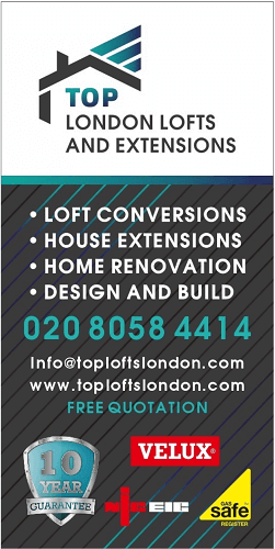 banner with TOP LONDON LOFTS AND EXTENSIONS contact info