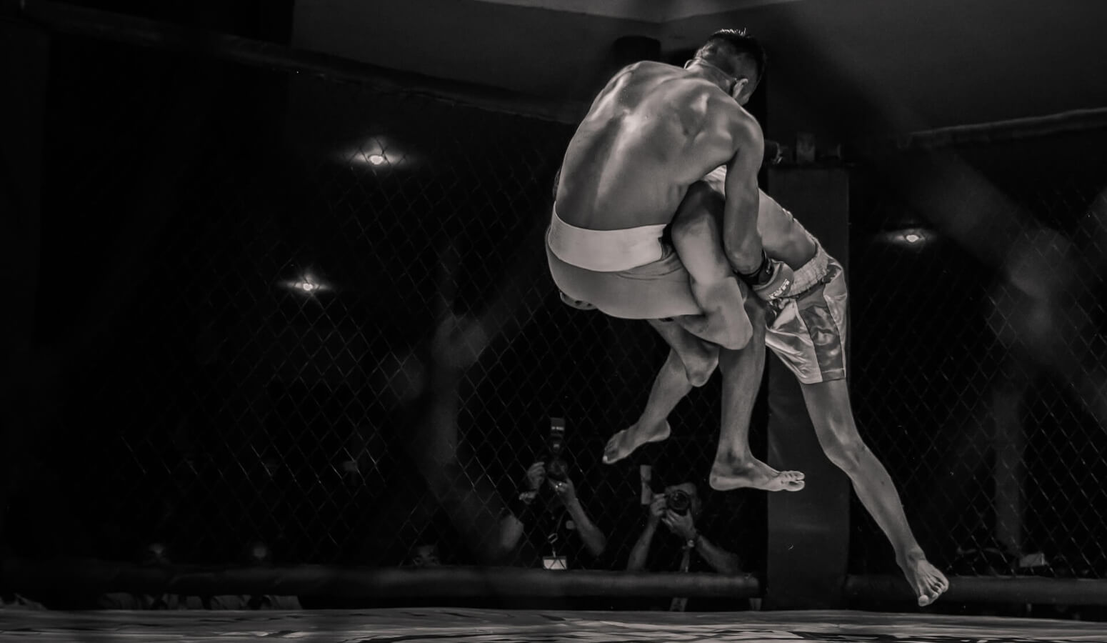 Two fighters are in the air, one is getting tackled and about to enter Wrestling battle