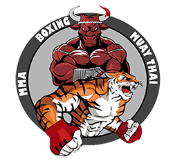 bull and a tiger wearing boxing gloves and inviting to train with them